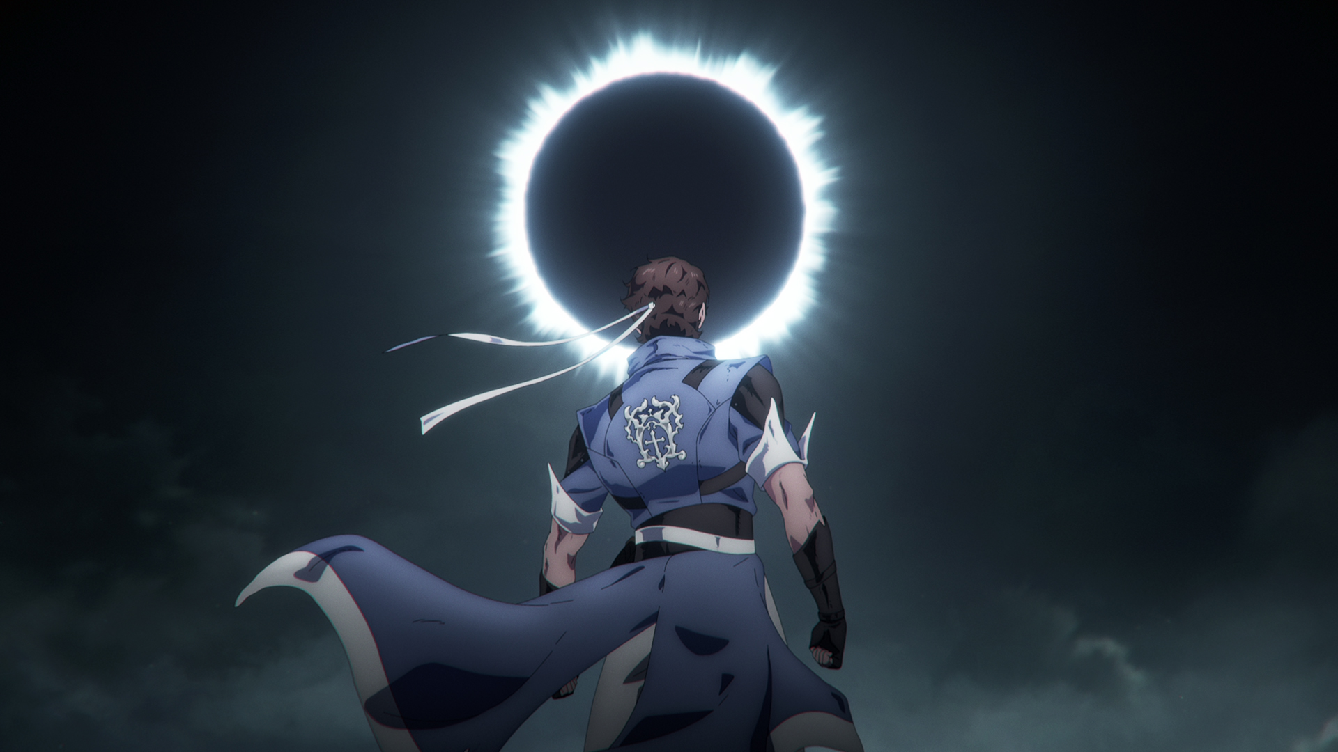 An anime-style Richter Belmont stares at the eclipse in Castlevania: Nocturne